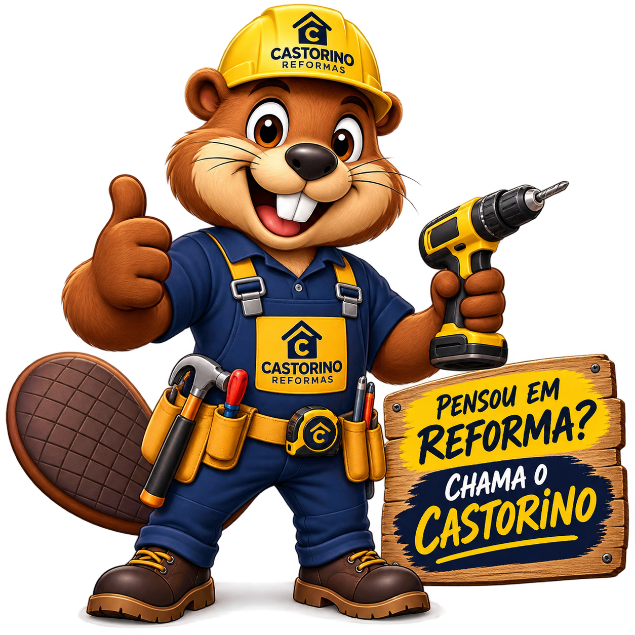 Mascote Castorino, castor com capacete e furadeira